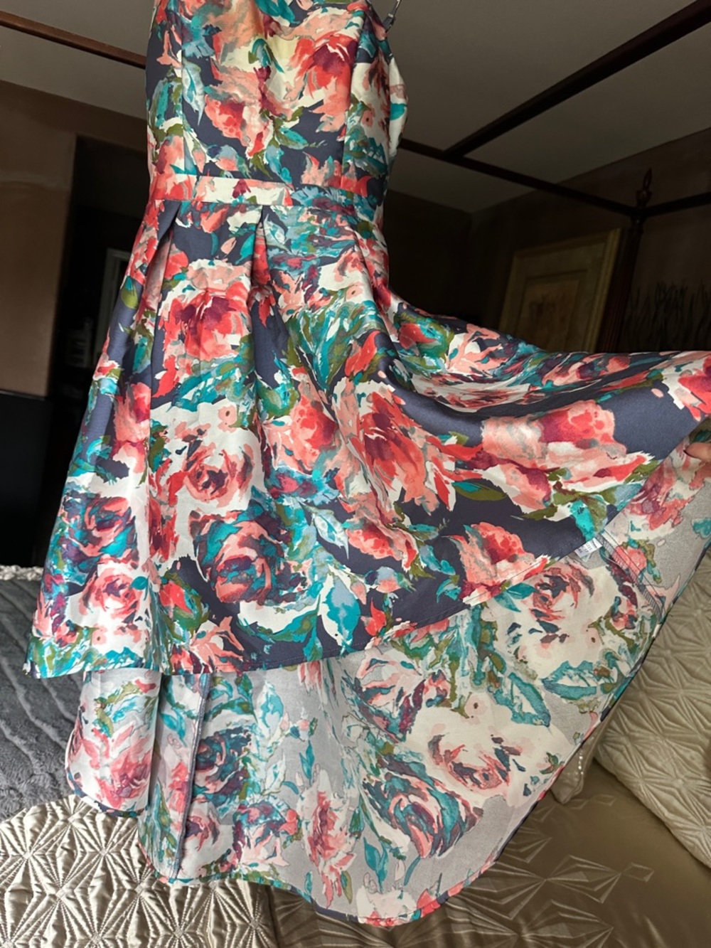 VENUS Navy Floral High-Low Spaghetti Strap Dress with Coral and Teal Accents - Picture 6 of 8